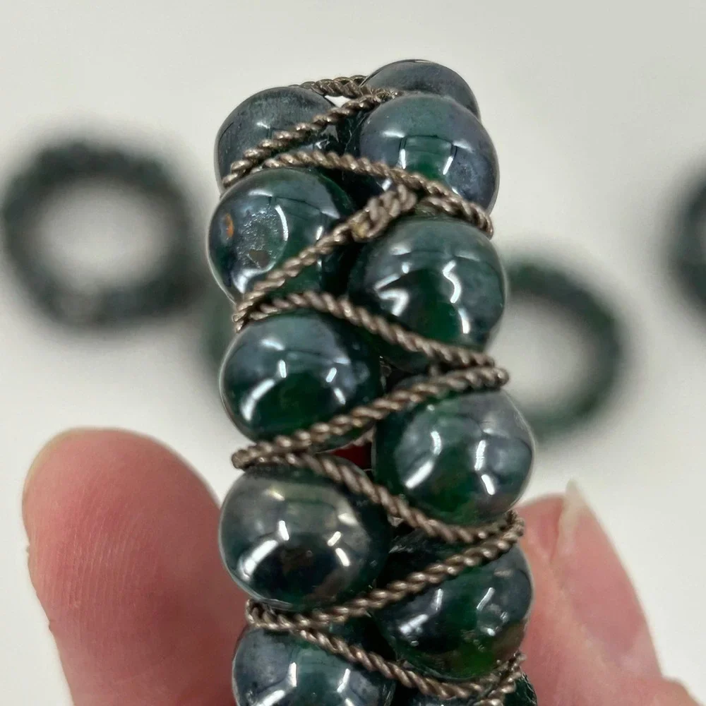 Vintage Beaded Napkin Rings Set of 5 Green Glass Silver Wire Boho Made in India